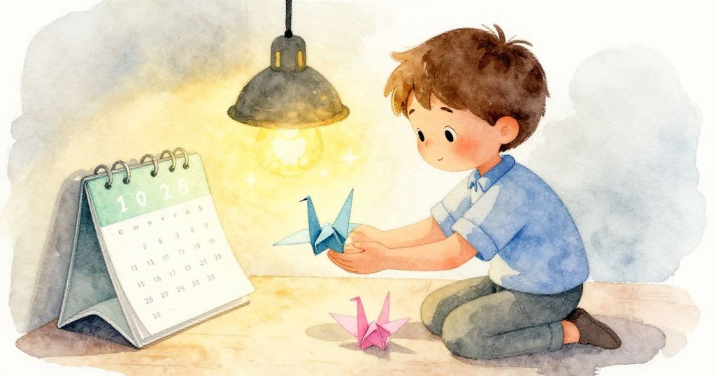 Ned微笑著將完成的紙鶴放於燈下，日曆色彩呼應，環境充滿平靜與成就感，故事圓滿落幕。