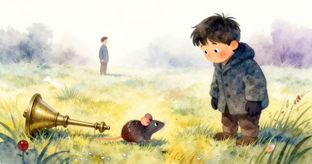 Cole站在迷霧中的草地上凝望斜放油燈架,小鼠從燈底探出頭,天氣朦朧充滿神秘感。