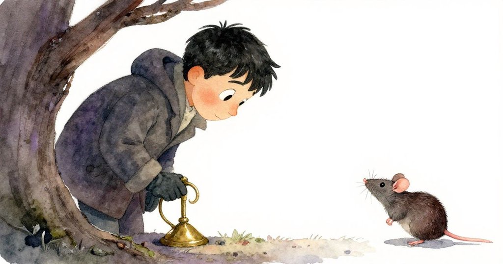 透過隱約裂縫,Cole低頭檢視油燈架,小鼠忙碌工作,臉上流露出驚訝好奇的目光。