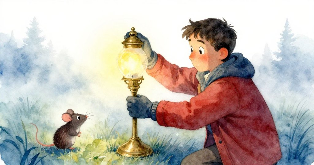 在霧氣中,Cole小心調正油燈架,內部透出溫暖光芒,小鼠依偎其中,呈現現實與夢幻交疊。