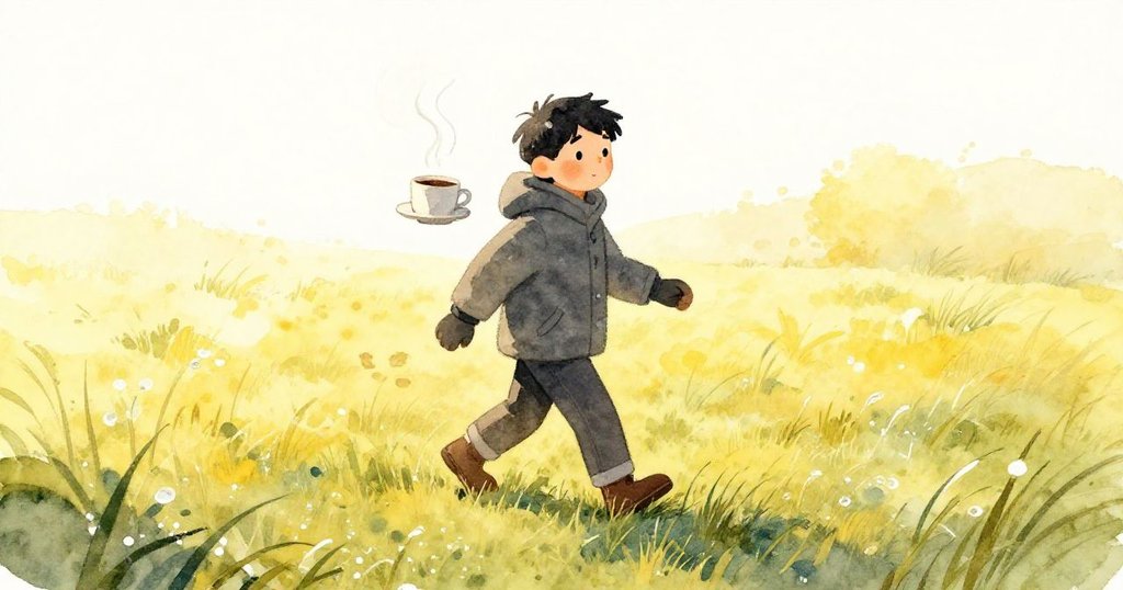 Cole舉杯邁步於露珠草地上,蒸氣與足跡輕舞呈現動感,傳達出充滿希望與溫暖的情緒。