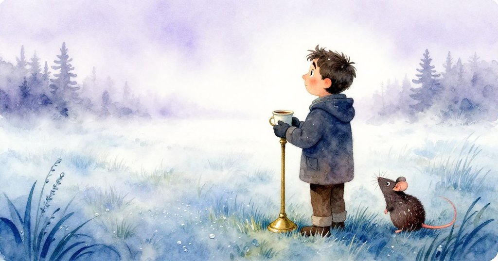 在迷霧田野中,Cole舉著溫熱杯子望向遠方,油燈架與小鼠靜立,畫面充滿結束與新開始的氛圍。