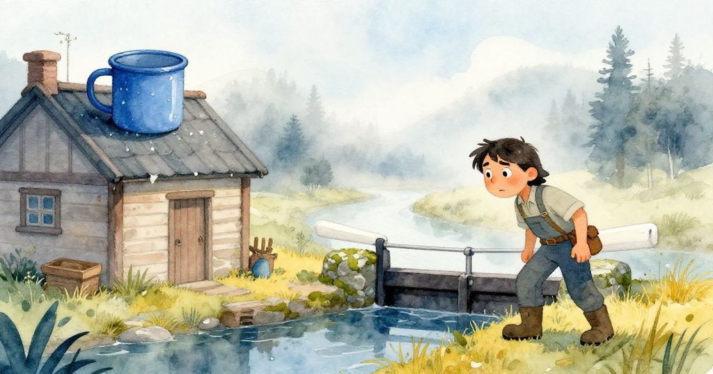 Sage站在石鎖前, 穿過柔和晨霧, 小木屋屋頂上的藍瓷杯閃爍水珠, 表情堅定, 呈現平靜清晨景致.