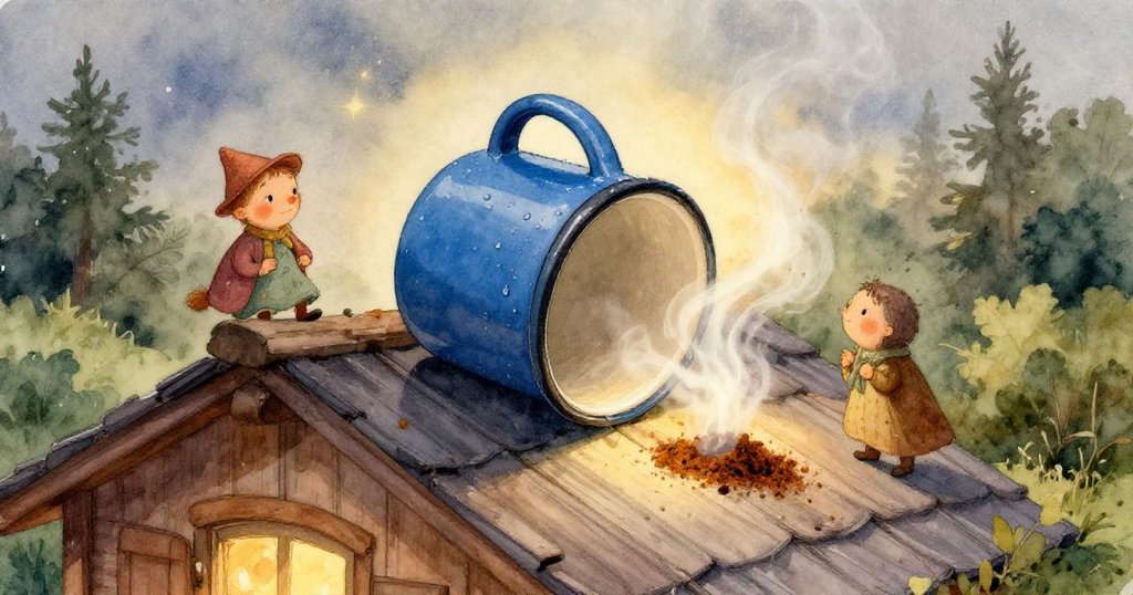 Sage伸手觸碰屋頂上閃亮的藍瓷杯, 水珠與蒸氣輕繞, 呈現探索與好奇神情, 烘托出神秘氛圍.