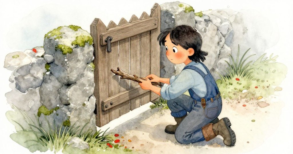 Sage俯視踮步於青苔石邊, 專注將滑順樹枝插入老舊門鉸, 呈現出專心致志與環境古舊質感.