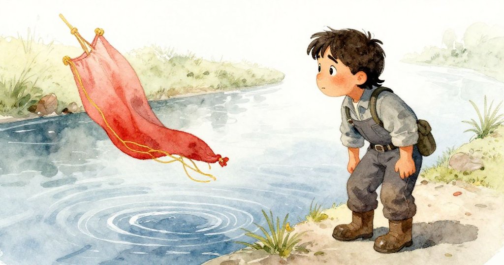 Sage凝視著隨水漂流的布碎片, 布上斑駁的深紅與金色紋理, 神情充滿追憶與驚奇, 水波細膩映出往日時光.