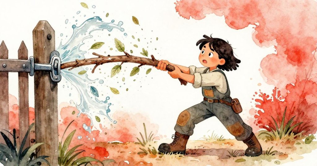 Sage動作迅速扭動樹枝插入門鉸, 濕葉與水花四散飛濺, 臉上充滿專注神情, 場景洋溢著活力與動感.