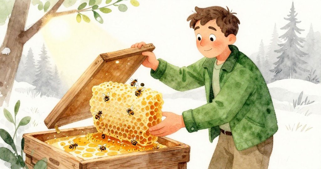 扎恩細心揭開蜂巢蓋子,展現布滿花粉與細紋的蜂蠟框,專注神情中蘊含歲月故事。