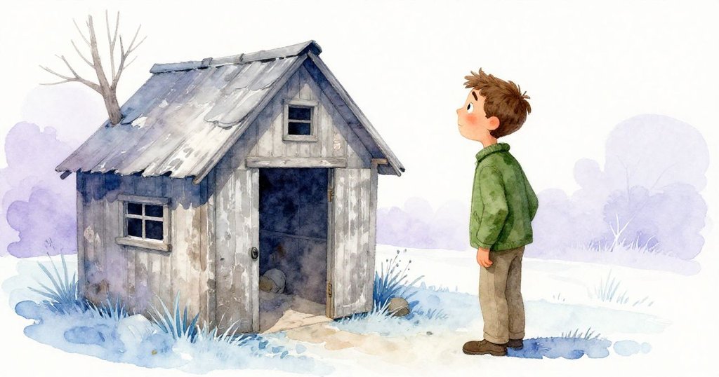 扎恩凝視老舊工具棚裸露的屋頂,神情充滿好奇與懷舊,略帶扭曲視角呈現歲月改變。