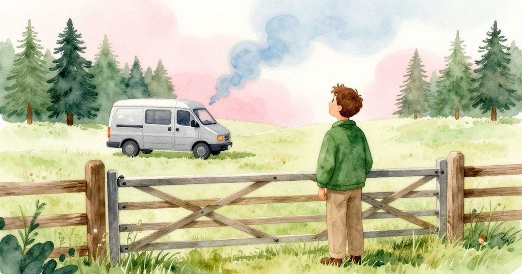 扎恩站在草地木門前,注視著離去貨車和藍煙飄渺,遠處火車聲響起,場景動態而溫暖。