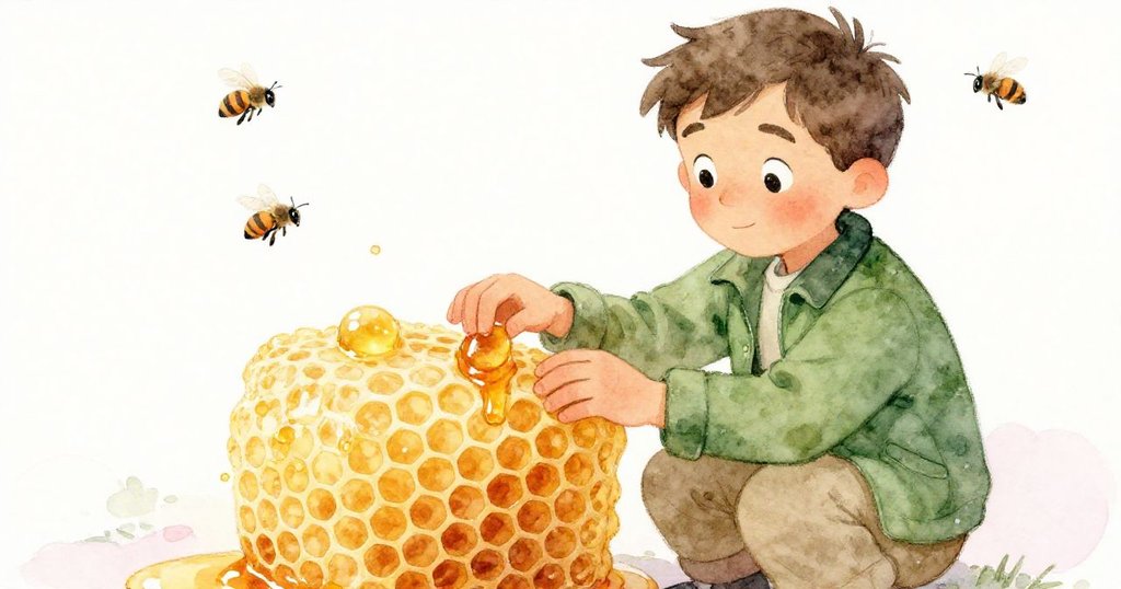 扎恩專注調整蜂蠟框,細節中展現一滴花蜜與辛勤蜜蜂,面容堅毅卻流露溫柔,氛圍細膩。