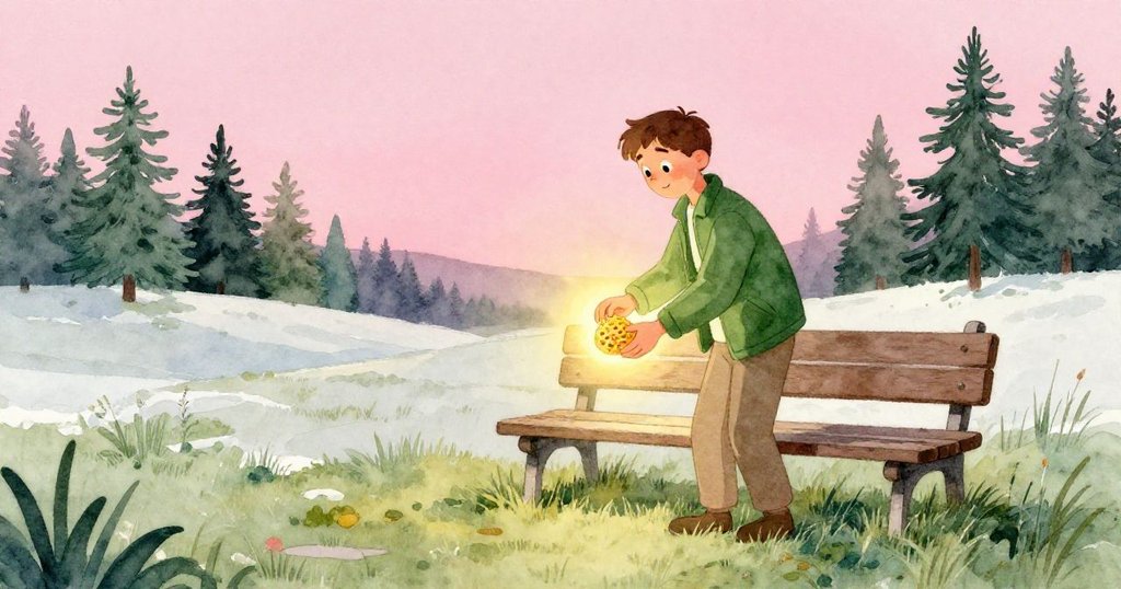 扎恩在暮光中回到草地長椅,小心放回發光蜂蠟框,夕陽柔光映照下象徵著重生與圓滿。