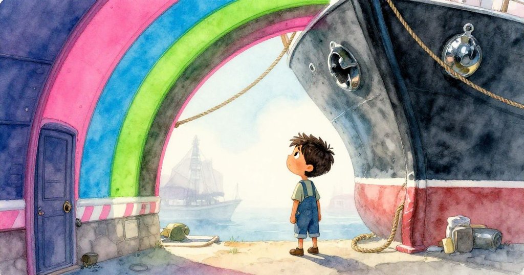 Felix站在門口，望著薄霧中宏偉船體及晃動繩索，晨光柔和，充滿好奇與期待的情感。