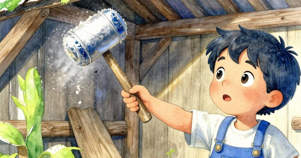 Felix在小棚內伸手觸碰覆滿木屑的鐵鎚，神情充滿疑惑，細節刻畫出室內微光和舊日痕跡。