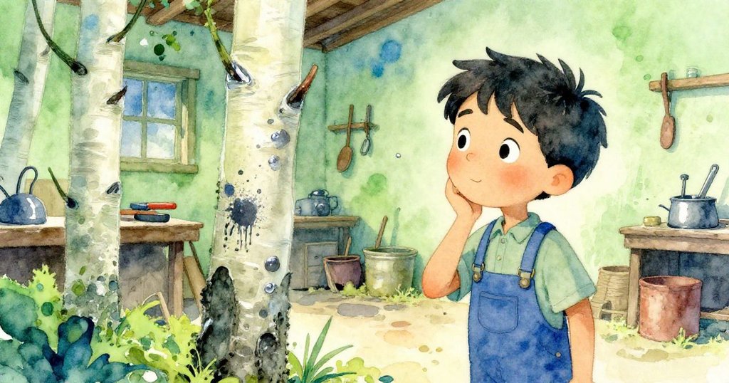 Felix凝視著沾有油跡的樺木枝，溫暖色調回憶起昔日工坊繁忙景象，神情中流露出淡淡懷舊與思索。