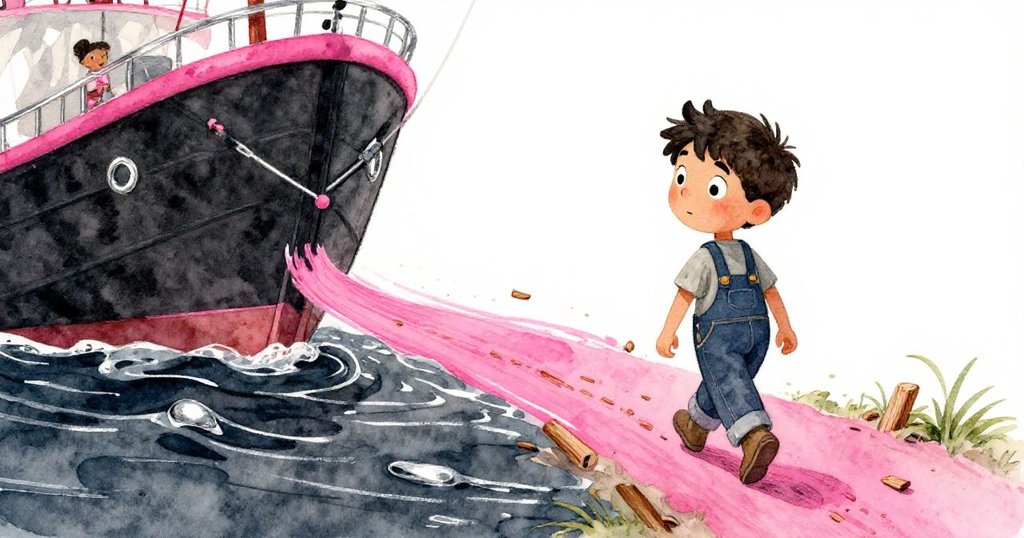 Felix沿著新鮮木屑小徑朝船尾前進，腳步輕快中帶著發現之感，場景充滿動感與靜謐交錯的氛圍。