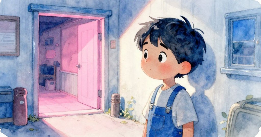 Felix靜立於陽光照射的出口前，耳邊傳來輕柔水聲與木板吱嘎，神情平靜，象徵一天微妙發現的結束。