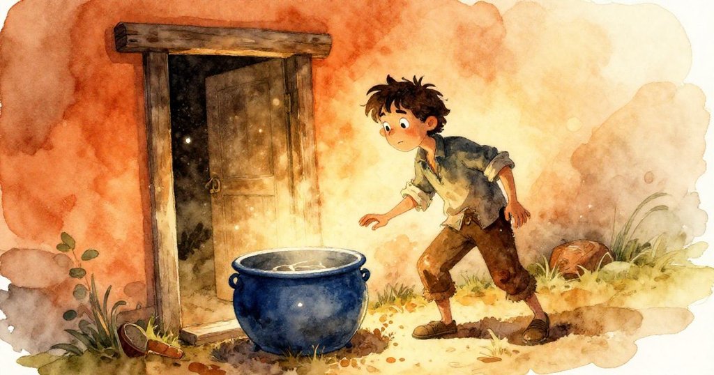 Wren站在傾斜的門口前,好奇地注視著靛藍液槽,夕陽灑落在古老工坊中,塵埃在空中飄浮,展現出神秘的旅程開始