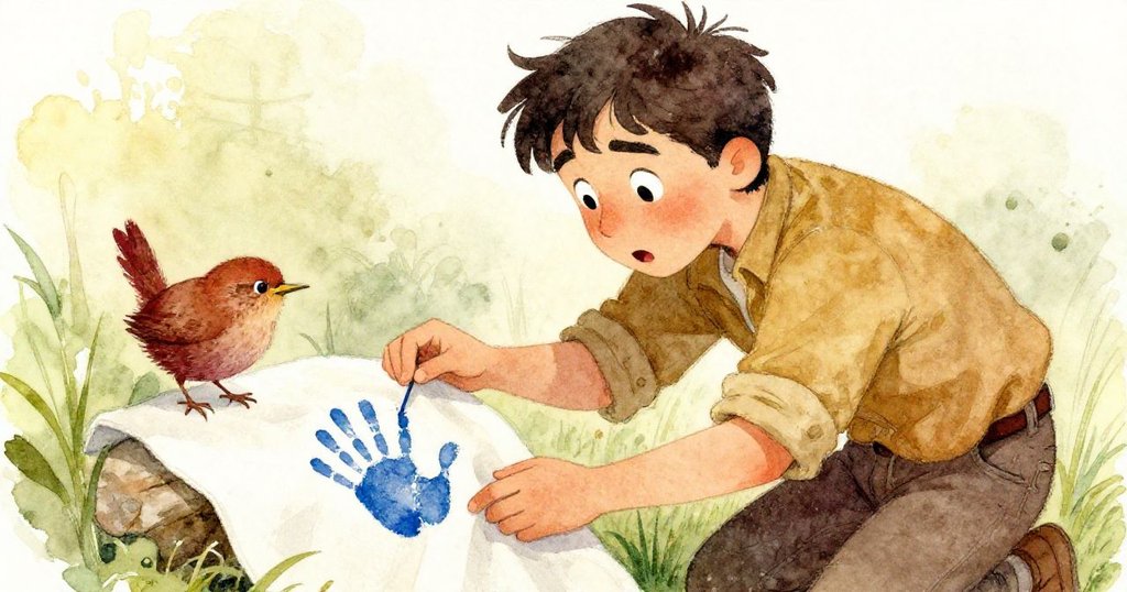 Wren特寫臉部,神情驚訝與好奇,凝視著布上藍色掌印,背景呈現鄉村風格的溫暖木質細節