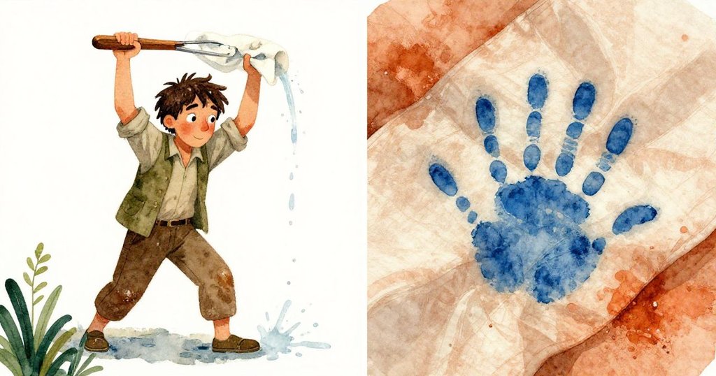 Wren在分割畫面中,一邊用木夾提起濕布,水花飛濺;另一邊展示藍色掌印緩緩浮現於布料折痕,場景充滿動感與神秘