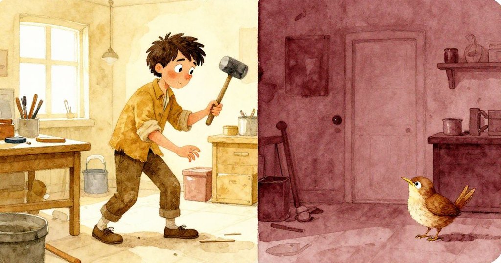 Wren手持木槌輕敲松動木棒,畫面分左、右兩部分,一邊呈現明亮有序的記憶,一邊展現斑駁殘舊的現實,充滿反思之情