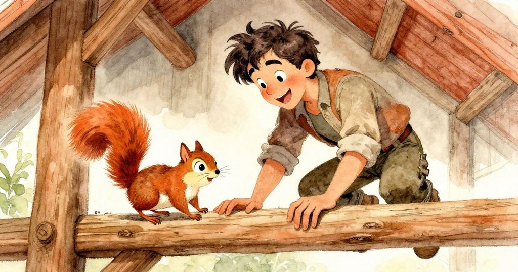 Wren與一隻友善的松鼠愉快合作整理木架,兩者面帶微笑,明亮的午後光線映照出溫馨與活力,傳遞團隊精神