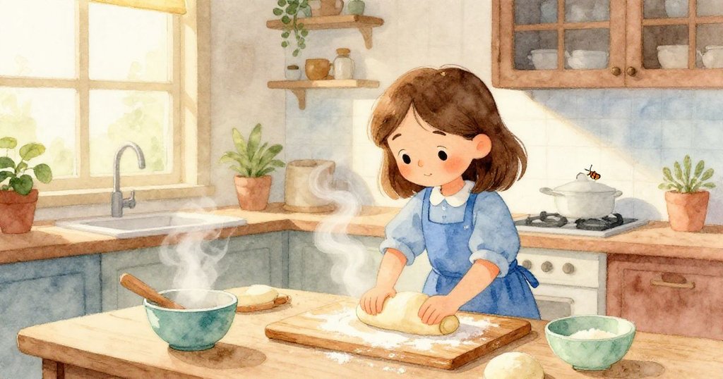 莉娜在溫暖的廚房內用手按壓麵團，窗外金色晨光灑入，展現出專注與喜悅的情緒，廚房細節豐富。