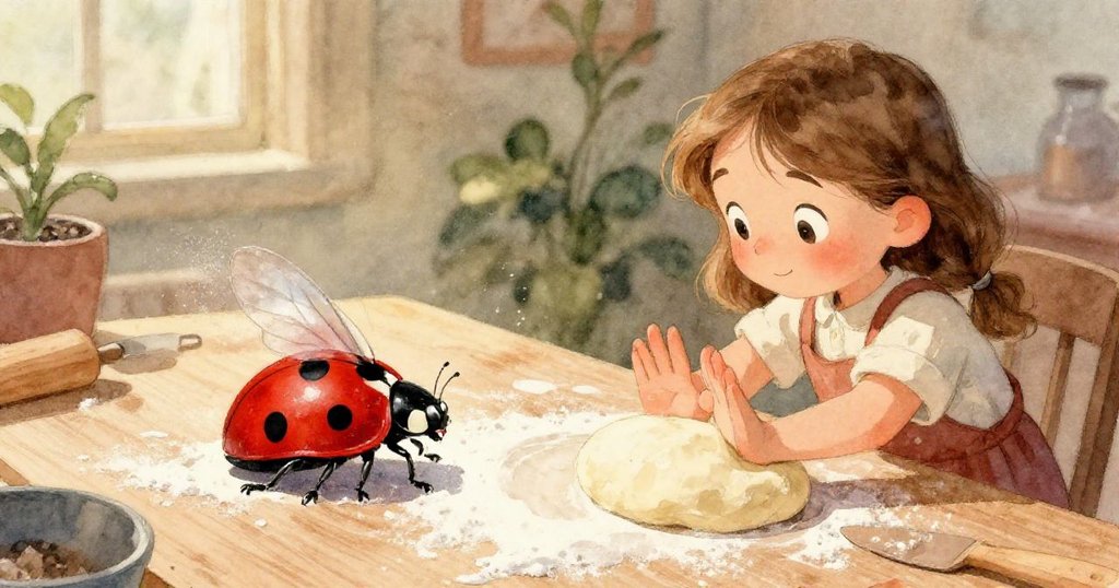 在麵板的極近特寫中，一隻小瓢蟲沾著麵粉，輕觸一塊麵包屑，細膩呈現魔法般的家庭細節。