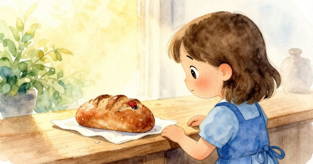 從莉娜的背後視角看，她的棕色頭髮映出溫暖光影，注視著瓢蟲在潮濕布上爬行，充滿關愛與驚奇。