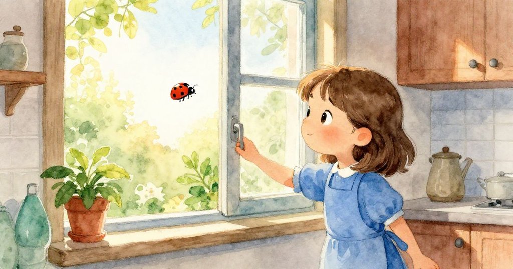 莉娜在廚房窗邊輕推窗閂，溫暖室內與明亮戶外交融，瓢蟲隨著涼風吹向綠意盎然的外界，充滿過渡感。