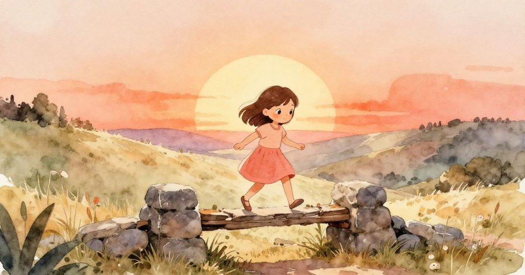 Rosa 跨越破損石橋，走在陽光溫暖的坡地上，充滿期待與寧靜的表情，背景是綠意盎然的山谷。