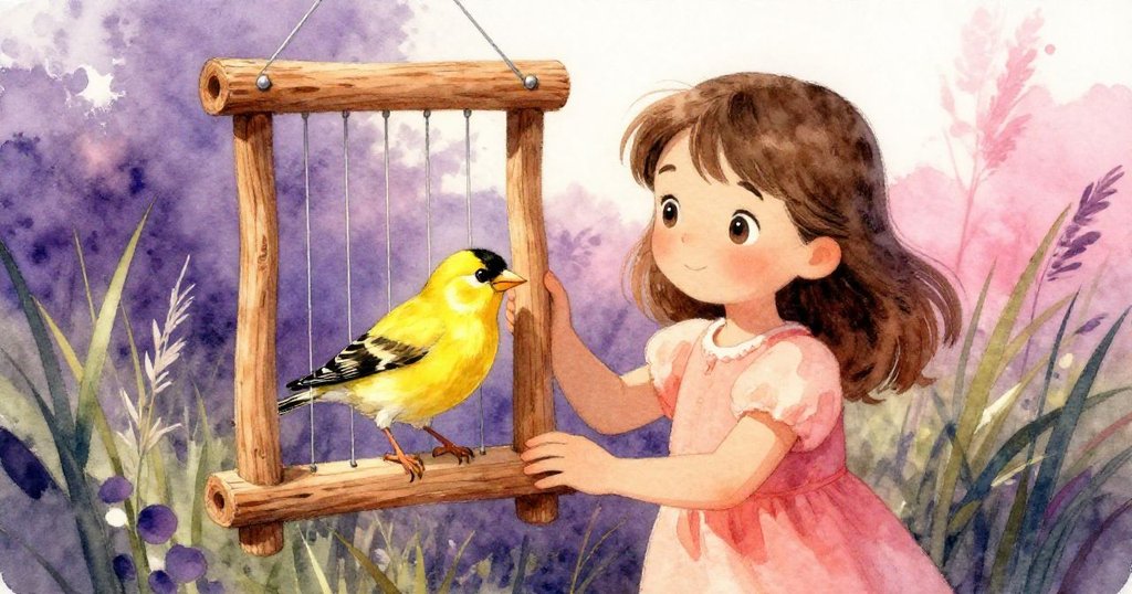 金翅鳥從青草中飛出，立在古樸木製風琴上發出輕微金屬響聲，Rosa在遠處靜靜觀望，充滿驚喜。