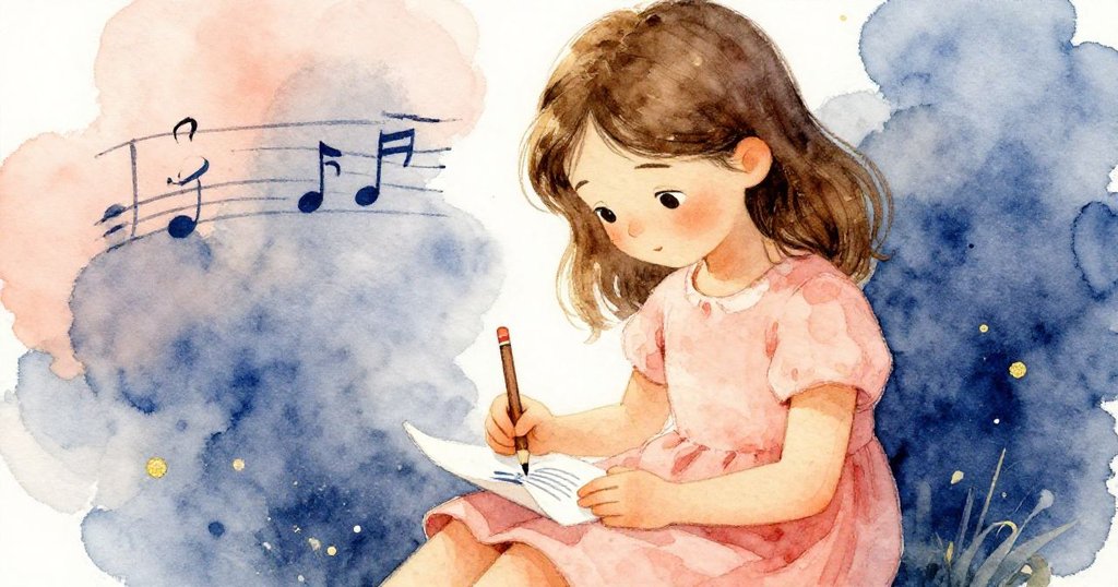 Rosa 小心翼翼地打開筆記本，用鉛筆急促記錄風中的瞬間旋律，臉上透出專注與微妙的急迫感。