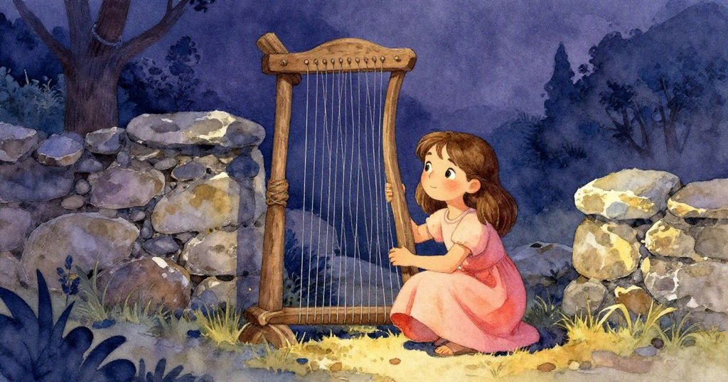 Rosa 蹲在風琴旁，注視著顫動的銀線，仔細聆聽石牆回聲，展現隱秘山谷中神秘而柔和的氛圍。