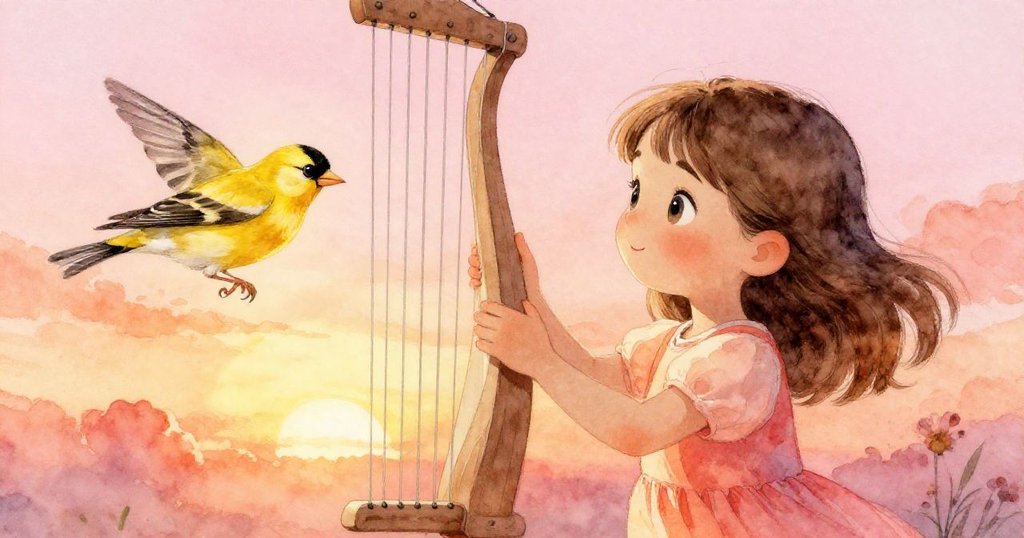 Rosa 輕撫風琴上震響的琴弦，金翅鳥近前探視，溫暖夕陽映出柔和玫瑰粉，充滿魔幻聯結。