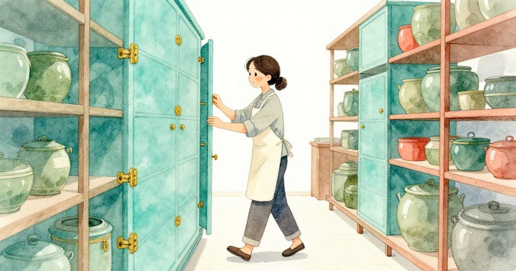 Vera在工坊內穿梭於高架工具架間，細看青銅鉸鏈呈現的綠銹，背景充滿空白空間，流露專注神情。