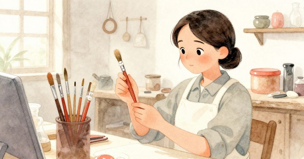 Vera背對觀眾，俯身檢查排列整齊的刷子，其中一把刷柄略顯不整，神情中帶有疑惑與專注。