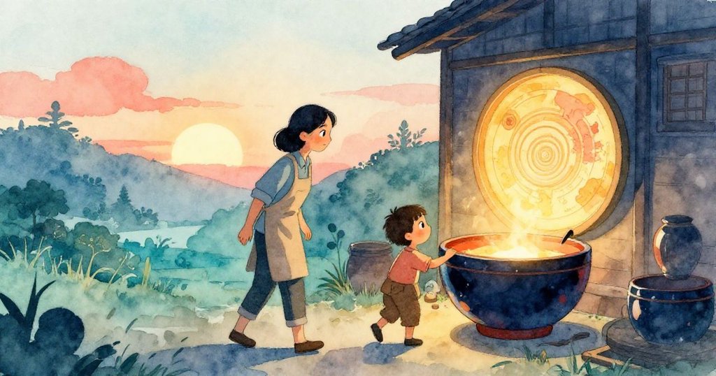 Vera整理漆器後走向門外，回眸凝望發光漩渦映射出的溫暖外廣場，夕陽餘輝中散發驚奇與平靜。