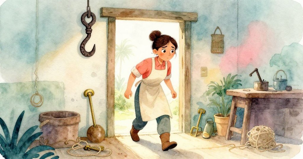 Mae走入晨霧籠罩的工坊,眾多老舊木板和機械散發柔和光影,她神情專注,展現早晨靜謐與期待