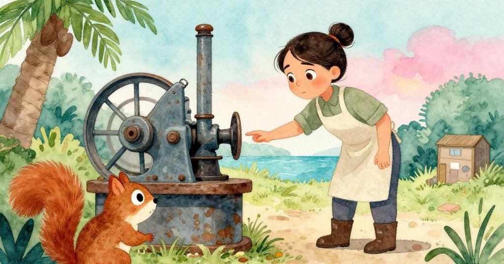 好奇的松鼠從低角度觀察Mae走向機械,工坊與自然元素交融,整體氛圍溫柔而生動