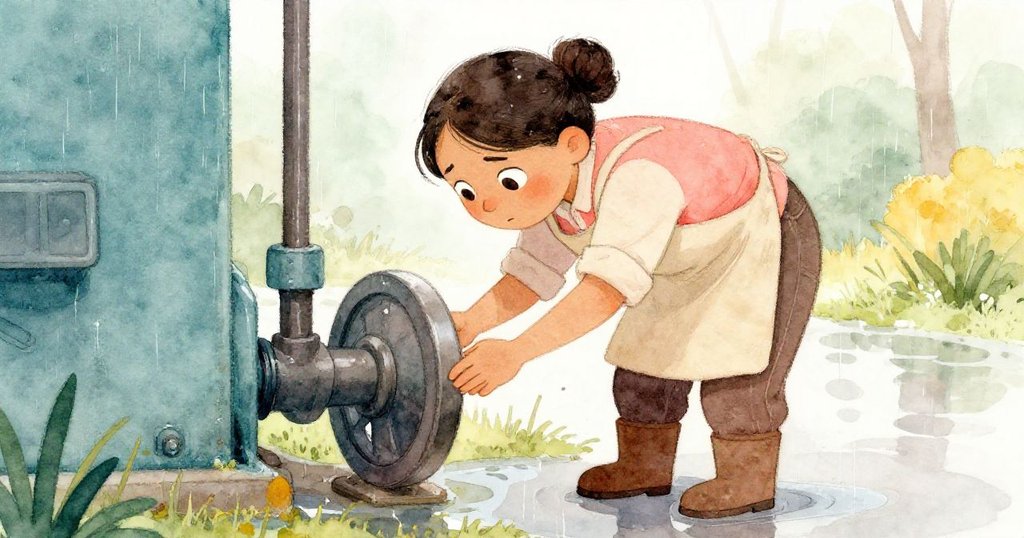 Mae在細雨中彎身檢查機器軸心,雨滴在木板上形成小水坑,整個場景充滿沉思與柔和光影