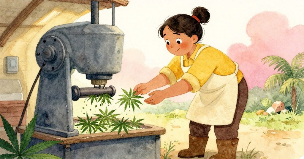 Mae滿懷喜悅地向機械送入新麻繩,她的微笑與溫暖光線營造出勝利與希望的氛圍