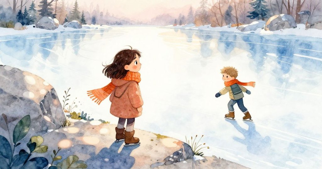 Hana站在花崗岩山脊上觀望Amos在冰面上滑行,橙色圍巾劃出優美弧線,神情充滿好奇與思索。