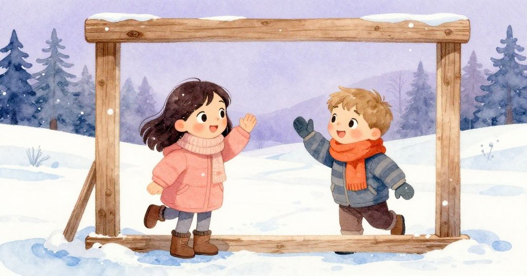 Amos與Hana在冰面木框旁以手勢對話,背景層次分明,冬日景致中流露出默契與思索。