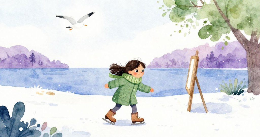 Hana滑向冰岸,小心翼翼迎接雪景,木框與孤鷗在空中盤旋,冬日寧靜中透露自然動感。