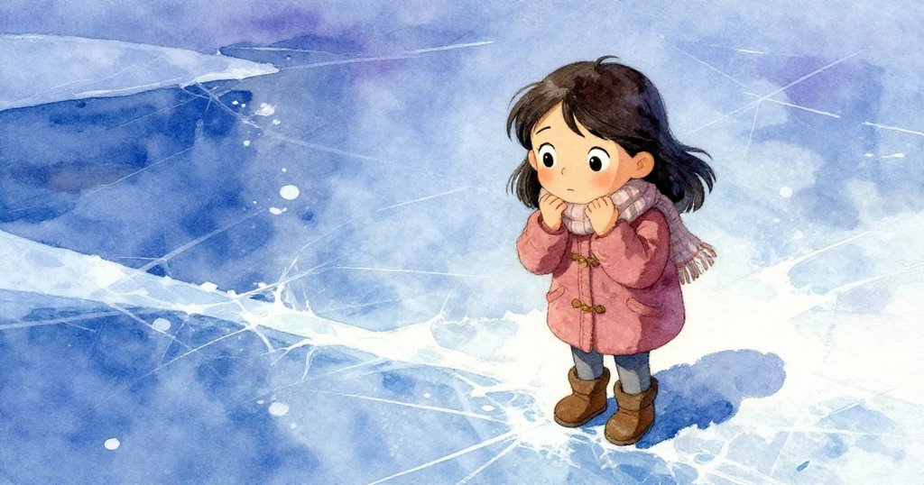 Hana在冰面上猶豫,腳步停滯表情猶豫,周遭冰層裂紋與陰影表現出內心矛盾。