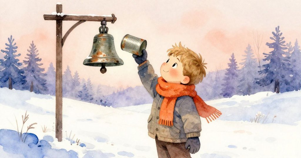 Amos細心舉起生鏽鐵罐,靜默鈴鐺懸掛木框上,溫柔光影中預示著新聲即將響起。