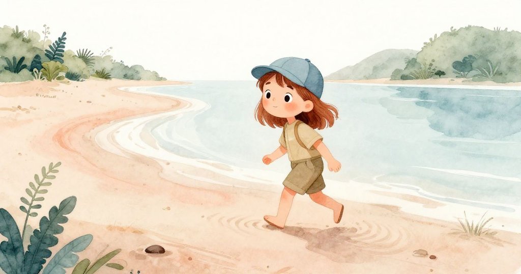 Fern在海濱沙灘上踏出穩健步伐，低帽遮陽，沙中水池反射蜿蜒痕跡，展現探索與好奇心的開始。