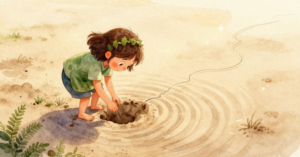 Fern溫柔觸摸沙中曲線痕跡，手指細描泥紋，呈現對自然神秘美景專注與細膩探索的過程。