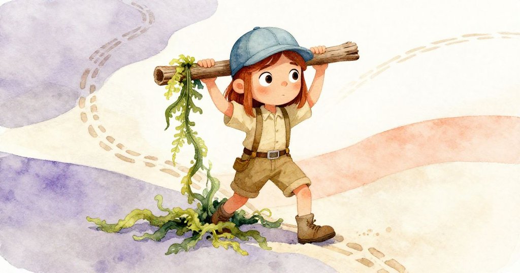 Fern撿起纏繞海藻的木板，注視著扭曲奇異的沙紋交錯，畫面猶如夢幻幾何，流露探索與好奇情懷。